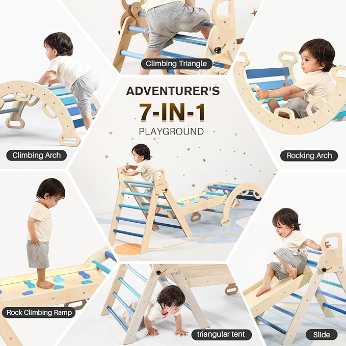 BlueWood Pikler Triangle Set 7in1 Foldable Baby Climbing Toys Wooden Montessori Climbing Set with Arch&Ramp&Ladder Baby Climber Indoor Jungle Gyms for Toddlers Montessori Toys - Sky Blue