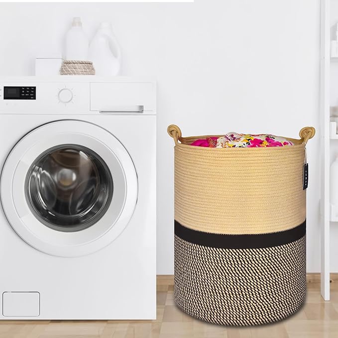 COMSE Extra Large Blanket Basket, Tall Woven Storage Basket, Nursery Hamper, 15.7”x 21.7”, Cotton Rope Laundry Hamper for Toys Clothes Towels, Blend Brown/Black