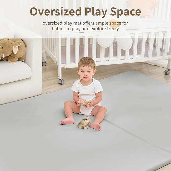 Large Vegan Leather Baby Play Mat for Floor,1.3"Thick Foam 59x82 Foldable Waterproof Kids Play Mat,Stylish and Just Wipe-Clean Playmat for Baby Play on Floor (Grey)