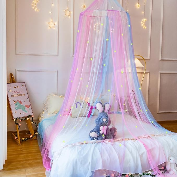 Rainbow Bed Canopy with Glow in The Dark Stars,X-Large Princess Rainbow Bed Curtains Mosquito Netting for Girls Bedroom,Kids Fairy Dream Play Hanging Canopy Tent for Room