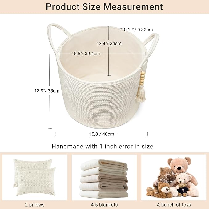 Mkono Woven Storage Basket Decorative Natural Rope Basket Wooden Bead Decoration for Blankets,Toys,Clothes,Shoes,Plant Organizer Bin with Handles Living Room Home Decor, White, 16" W × 13.8" L