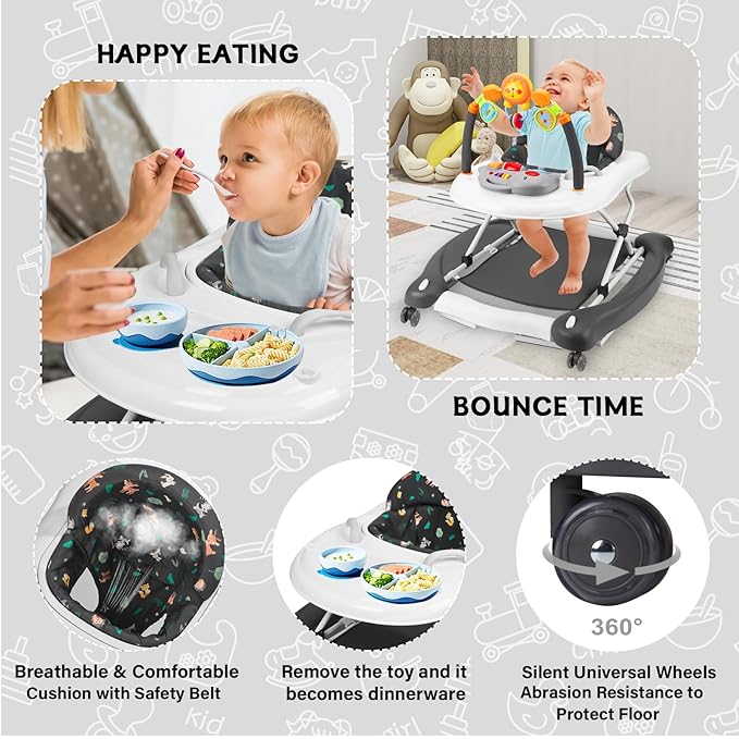 Baby Walker, 5 in 1 Baby Walkers for Boys Girls 6-12 Months, Foldable Walkers for Babies with Bouncer & Feeding Tray, Music, Adjustable Heights, Activity Walker for Infant
