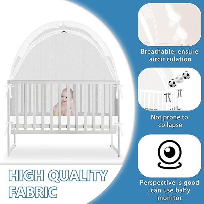 Crib Tent - Crib Net to Keep Baby in, Stop Baby from Climbing Out of Crib, Pop Up Baby Crib Tent with Double Zip Strong Rods and Breathable Net Clear Visibility Easy to Install (White, Large)
