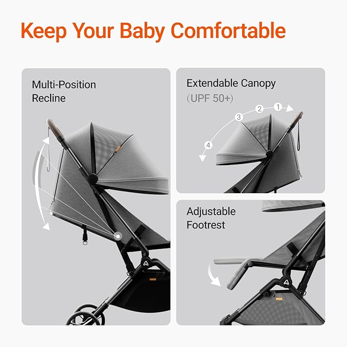 Lightweight Baby Travel Stroller with Carbon Fiber Frame, Compact & Airplane-Friendly, One-Handed Folding Design, 11.6 lbs, Perfect for Toddlers, Grey