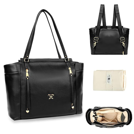 miss fong Diaper Bag Tote Leather Diaper Bag Backpack,Large Capacity Mommy Bag Hospital Bag,12 Pockets Travel Diaper Tote with Changing Pad,Stroller Straps & Insulated Pockets for Mom & Dad-Black