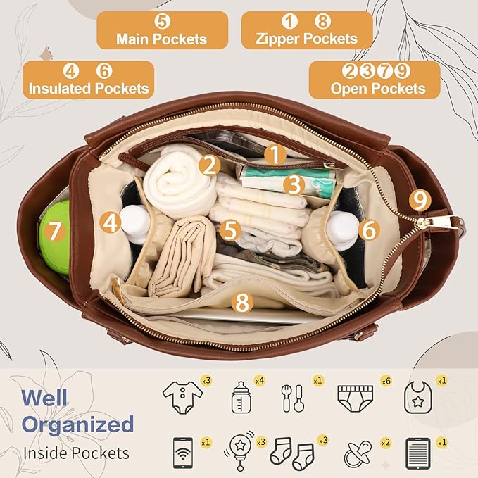 miss fong Diaper Bag Tote Leather Diaper Bag Backpack, Large Capacity Mommy Bag Hospital Bag, 12 Pockets Travel Diaper Tote with Changing Pad，Stroller Straps & Insulated Pockets for Mom & Dad-Brown