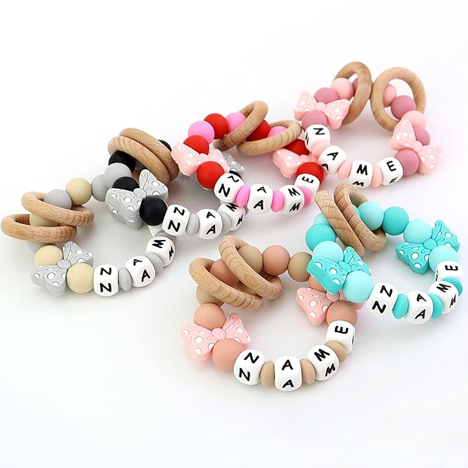 Customized Wooden Baby Rattle, Handcrafted Rattles with Wooden Teething Ring, Personalized Halloween Christmas Newborn Toy Animal Organic Rattle Baby Photography Ideas Props