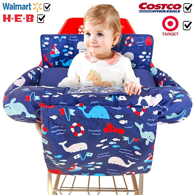 Soft Pillow Attached 2-in-1 Shopping Cart and High Chair Cover for Baby, Cotton Padded Cart Cover, Fold'n Roll Style, Portable with Carry Bag (Navy Blue Whale)