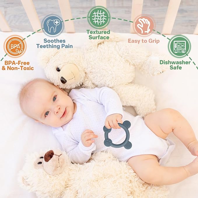 3 Pack Baby Teether, Bear-Shaped Silicone Teething Toys for Infants 0-24 Months, BPA-Free Chew Toys to Soothe Sore Gums (Pale Pink & Green & Blue)