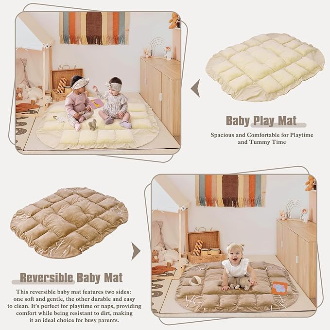 5-in-1 Plush Baby Play Gym, Baby Play Mats, Convertible Baby Gym with Pillow, Tummy time mat, Baby&Ped Bed, 6 Sensory Toys, Baby Activity Center from Newborn to Toddler, Ball Pit, Rectangular Cream