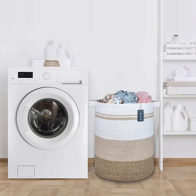 COMSE Extra Large Blanket Basket, Tall Laundry Basket, Nursery Hamper, 15.7”x 21.7”, Cotton Rope Woven Laundry Hamper for Storage Toys Clothes Towels, Gradient Brown