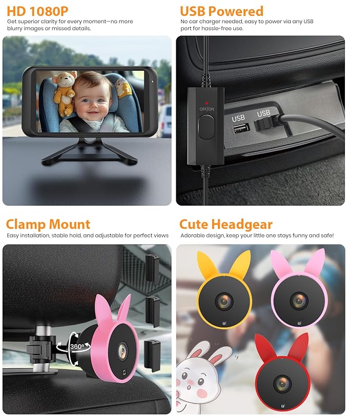 BV2 USB Baby Car Camera: 4.5" 1080P Car Seat Camera with IR Night Vision & Shockproof Clip, Real-Time Infant Monitoring, Baby Must Have Gift for New Moms & Newborn Essentials