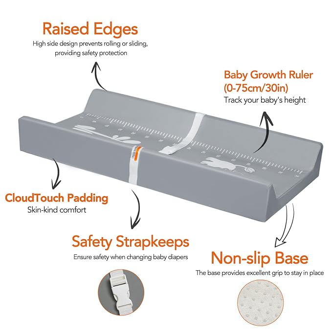 juman Vegan Leather Baby Changing Pad, Waterproof & Wipeable Changing Pad with Infant Height Ruler & Safety Strap, Portable Soft Diaper Changing Mat for Dresser & Table, 31 x 16 inch