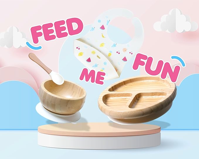 Bamboo Baby Feeding Set for Infants & Toddlers - Baby Essentials, Non-Toxic, Sustainable, Bamboo Suction Plate & Bowl, Bib, Sippy Cup w/Lid & Straw, Daily Use, Travel, Baby Shower Gifts (Vanilla)