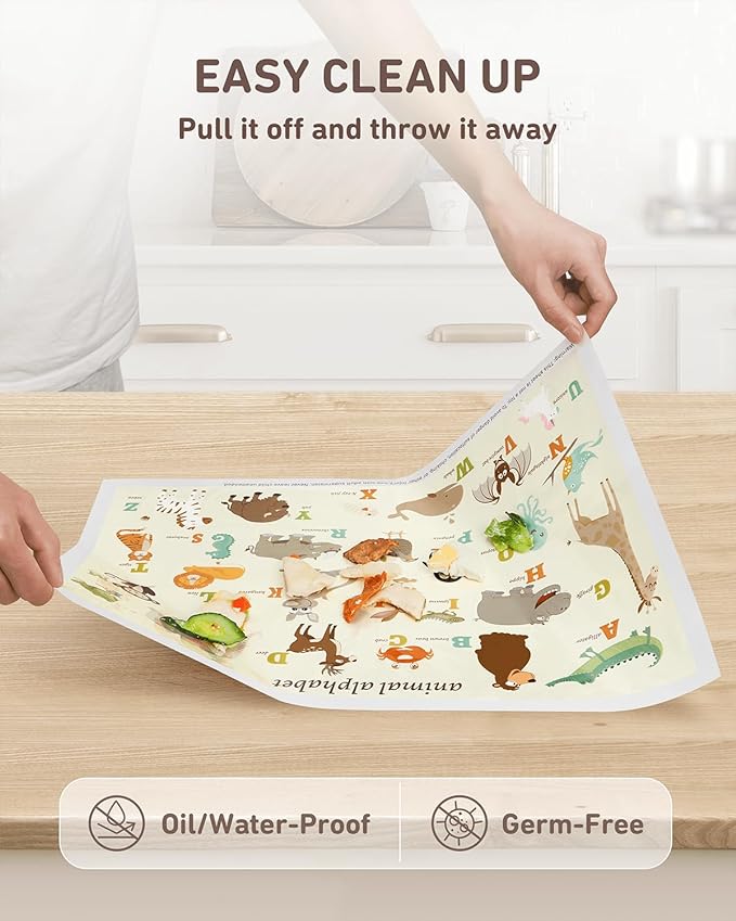 Babebay Disposable Placemats for Baby, 60 Pack Sticky Toddler Placemat for Restaurants, Dining Table, Party, Travel, 12" x 18" with 3 Designs