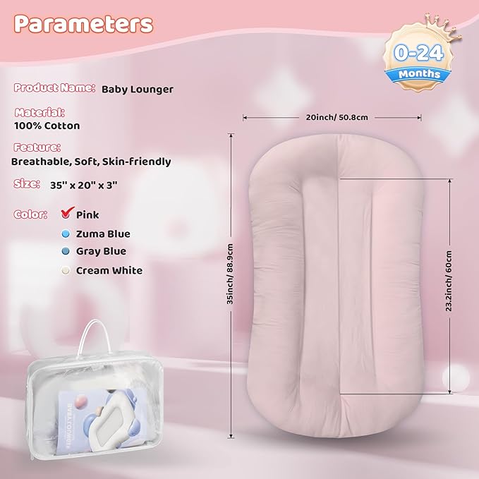 Baby Lounger - Baby Lounger for Newborn, 0-24 Months, Infant Lounger for Home and Travel, Soft Cotton, Baby Nest Lounger, Newborn Babies Essentials Gifts, Pink (Lounger Cover Included)