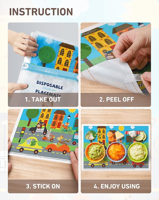 Disposable Stick-on Placemats 40 Pack for Baby & Kids, Toddler Placemats in Reusable Pouch 12" x 18" (Multicolor Animals Driving Cars)