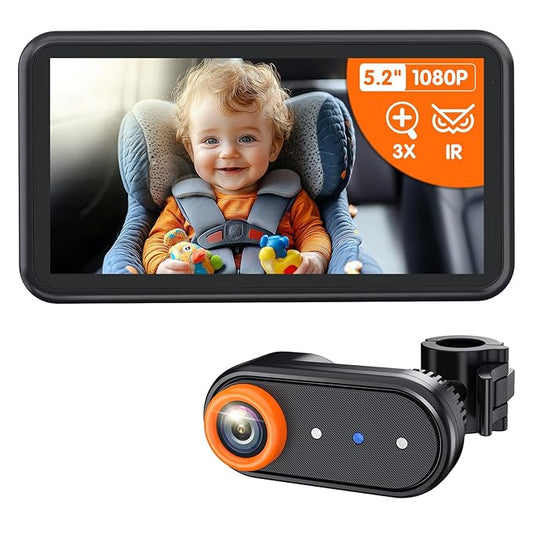 BM2A Baby Car Camera, 3X Zoom & 5.2" 1080P Display for Rear-Facing Car Seats, IR Night Vision, Easy No-Damage Install – Ideal Car Baby Camera for Parents and Pet Owners