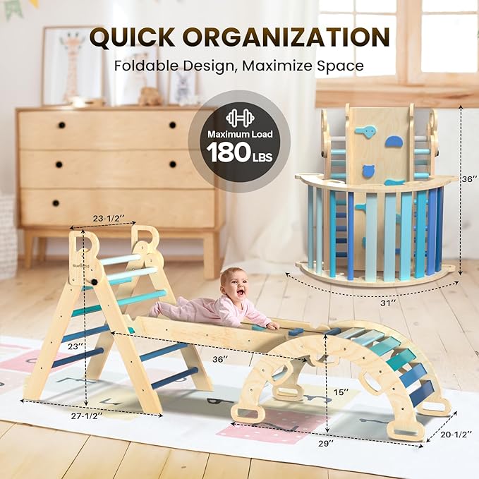 BlueWood Pikler Triangle Set 7in1 Foldable Baby Climbing Toys Wooden Montessori Climbing Set with Arch&Ramp&Ladder Baby Climber Indoor Jungle Gyms for Toddlers Montessori Toys - Sky Blue