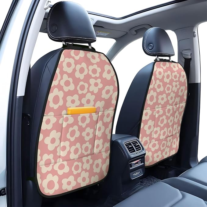 Vintage Groovy Flowers Car Kick Mats Back Seat Protector 2 Pack Auto Seat Back Covers with 3 Organizer Travel Accessories Universal Vehicle Interior from Dirt, Mud
