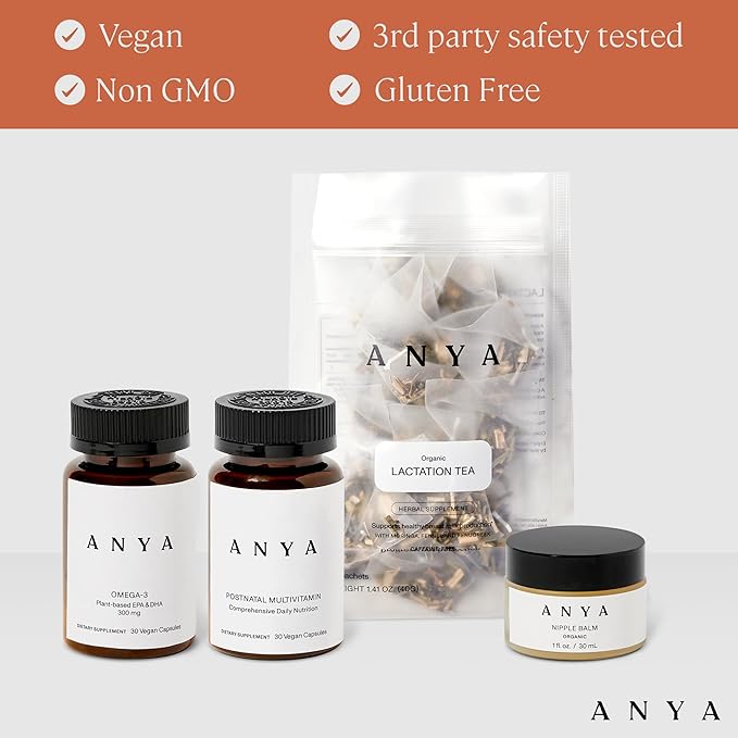 ANYA New Mom Breastfeeding Essentials Kit for Postpartum Recovery | Baby Registry Gift Set | Wellness Care Package with Postnatal Multivitamin, Omega-3, Organic Lactation Tea & Organic Nipple Balm