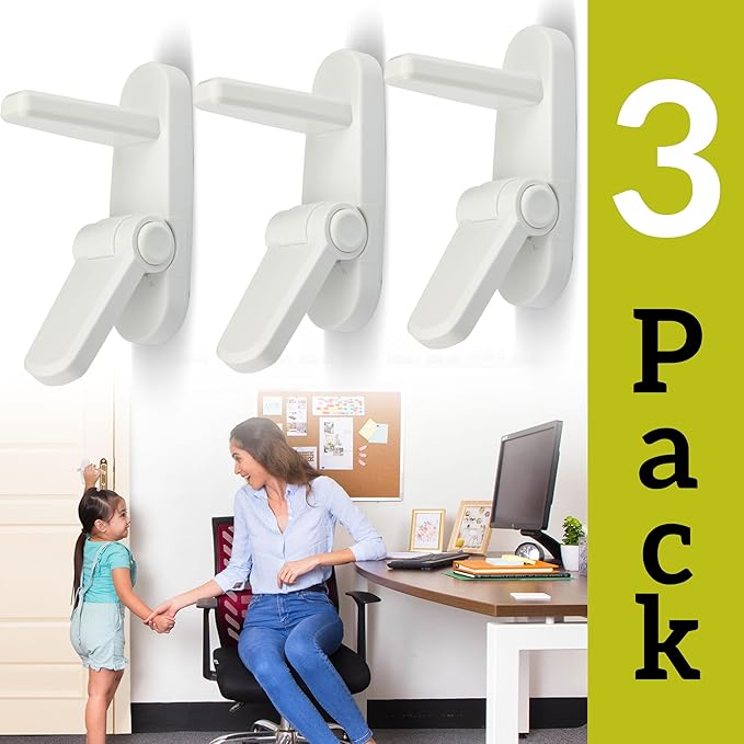 Door Lever Lock (3 Pack) Prevents Toddlers from Opening Doors. 3.25" L * 1.5" W * 4.5" H Easy One Hand Operation for Adults. Durable ABS with 3M Adhesive Backing. Simple Install, No Tools Needed.