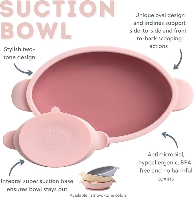 Bibado - Silicone Baby Bowl (Blush) - Stay Put Suction Bowl - Oval Shape - First Meals & Snacks - Durable, Dishwasher & Microwave Safe, BPA Free - Medical Grade - Baby Essentials - 6 Months to 3 Years