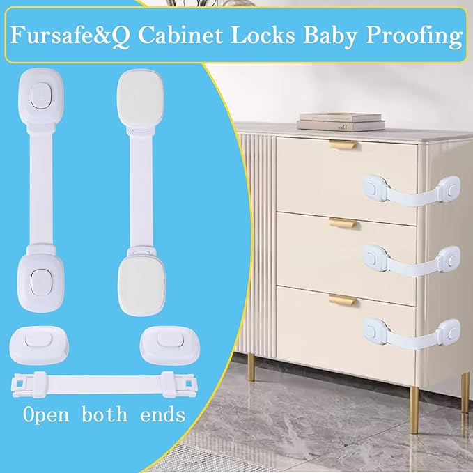 Fursafe&Q Baby Cabinet Locks, Child Safety Cabinet Proofing -Child Safety Strap Locks Adhesive Drawer Fridge Ovens Door Toilet Latches No Drill Multi-Purpose for Furniture Kitchen Lock (White, 6Pack)