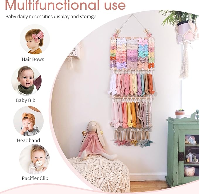 POVETIRE Headband Holder Hair Bows Organizer for Girls, Baby Headbands Hair Accessories Organizer Storage Wall Hanging Decor for Toddler Girls Room