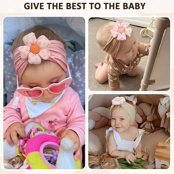 3 Pcs Baby Flower Headbands Baby Girls Nylon Headband Soft Hairbands Hair Accessories for Newborn Infant Toddler Kids (Khaki Brown Pink)