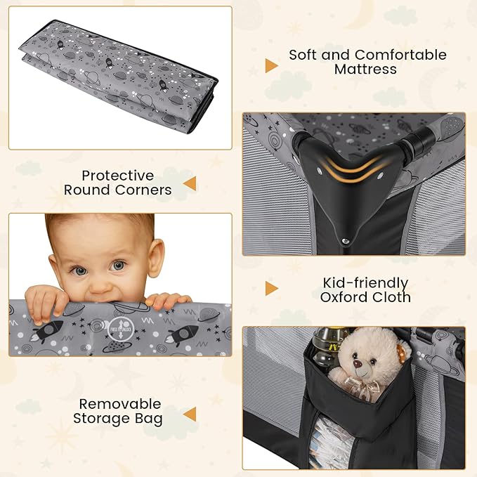 BABY JOY 3 in 1 Pack and Play, Portable Baby Playard with Bassinet, Changing Table, Lockable Wheels, Glowing Music Box, Travel Baby Crib Bassinet Bed from Newborn to Toddler