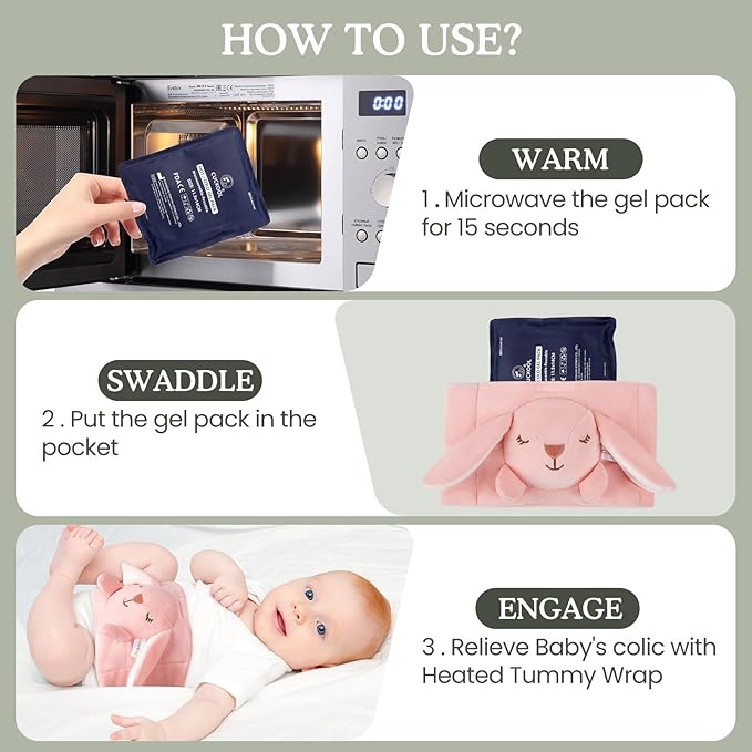 Baby Colic and Gas Relief, Heated Tummy Wrap for Newborns Belly Relief by Soothing Warmth, Baby Heating Pad Swaddling Belt Relief & Soothe Gas, Colic and Upset Stomach for Newborns to Toddler (Bunny)