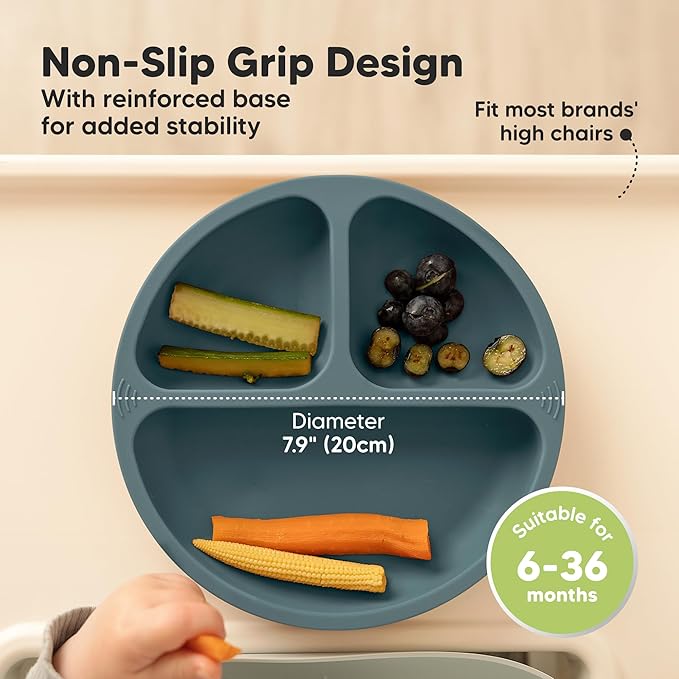KeaBabies Suction Plates for Baby, Toddler - 3-Pack 100% Silicone Toddler Plates with Suction, Divided, BPA-Free Baby Led Weaning Essentials for Kids, Dishwasher, Microwave Safe, Durable (Rocky)