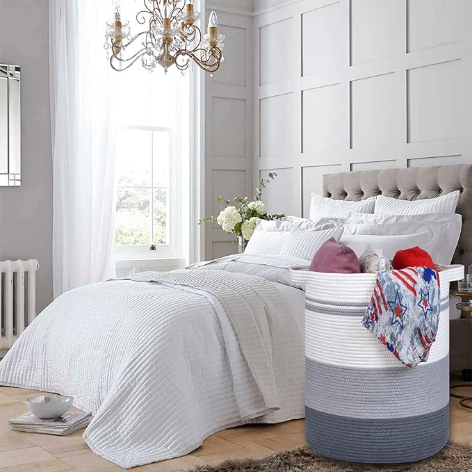 COMSE Extra Large Blanket Basket, Tall Laundry Basket, Nursery Hamper, 15.7”x 21.7”, Cotton Rope Woven Laundry Hamper for Storage Toys Clothes Towels, Gradient Gray