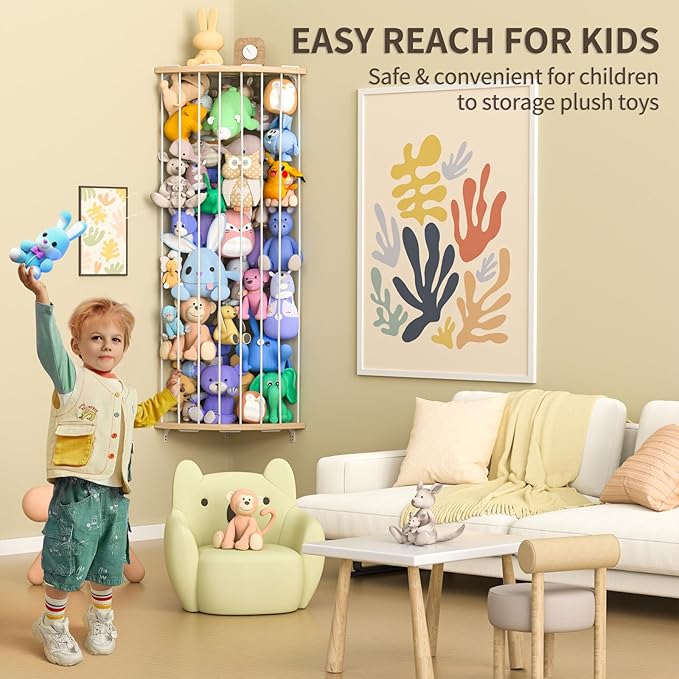 Stuffed Animal Storage Wood Corner Plush Toys Holder with Star Pattern, Length Adjustable Hanging Stuffed Animal Toy Organizer Shelf for Nursery Play Room Bedroom Kid Room