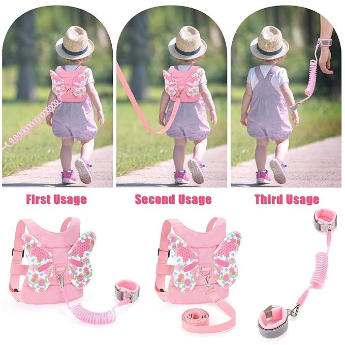 Toddlers Leash + Anti Lost Wrist Link Child Kids Safety Harness Kids Walking Wristband Assistant Strap Belt for Girl Pink Christmas Gift