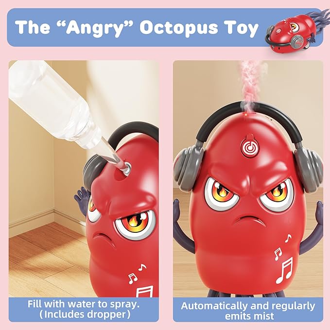 Dancing Squid Toy with Spray, Dancing Octopus Crawling Toys with Music and Lights, Electric Crawling Octopus Baby Toy, Tummy Time Squid Toys, Birthday Baby Gifts Christmas Stocking Stuffers (Red)