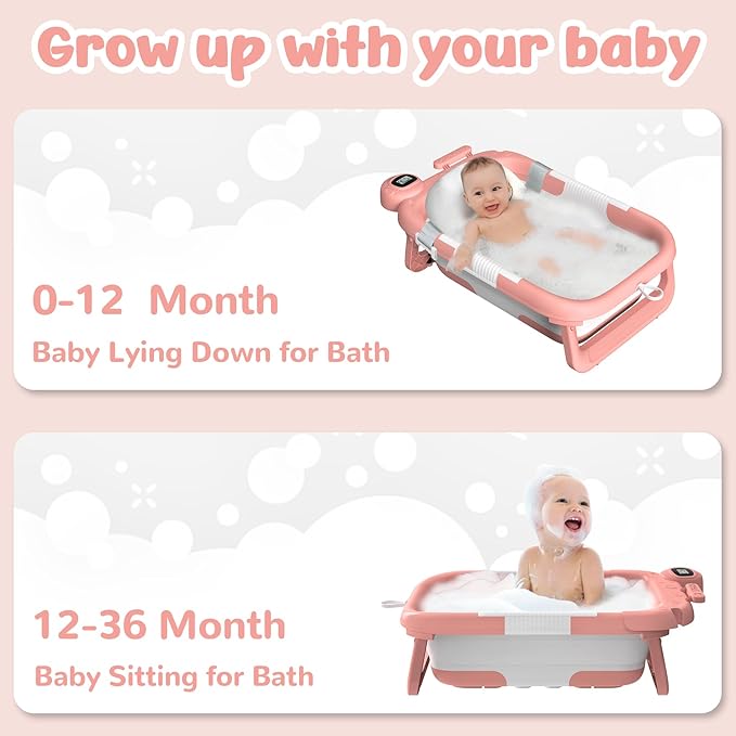 Collapsible Baby Bathtub for Newborn,Baby Tub with Soft Floating Cushion & Thermometer for Infant to Toddler,Portable Travel Bathtub with No-Slip Feet for 0-36 Months-Pink