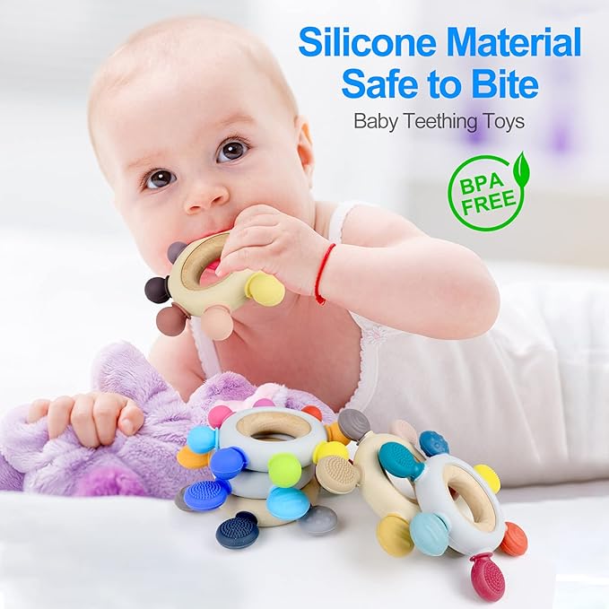 Baby Teething Toys Silicone Teethers BPA Free Silicone Rudder with Wooden Ring Soothe Babies Gums (8 Directions - Gray)