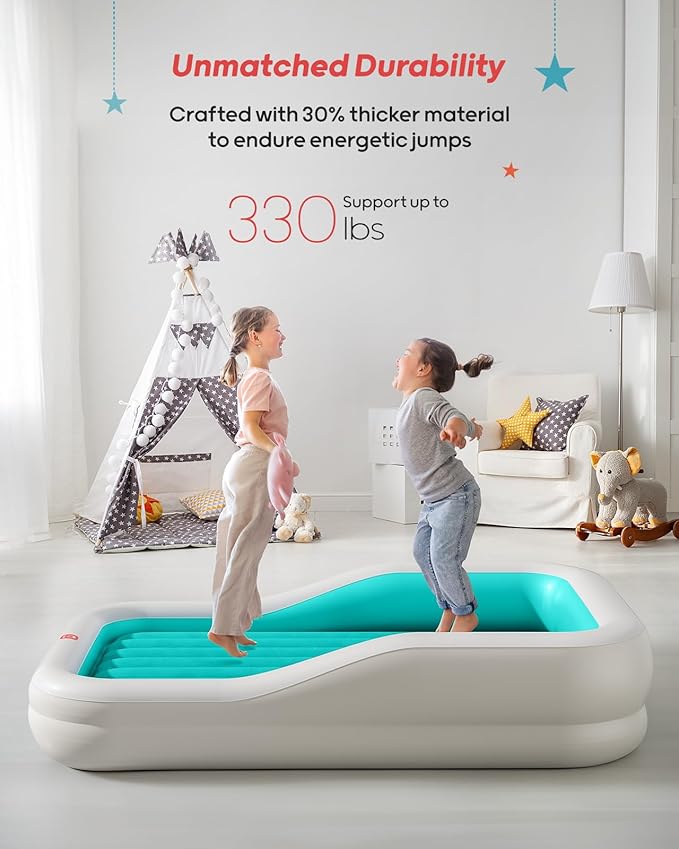 QPAU Inflatable Toddler Travel Bed with 3-Sided Safety Bumpers, Extra Large Kids Air Mattress, Includes Detachable Mattress, Portable for Camping, Travel, Home Use (Cyan)
