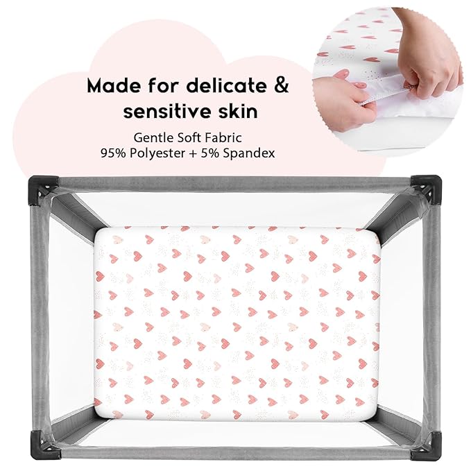 Yoofoss Pack and Play Sheets Fitted, Mini Crib Sheets 2-Pack for Pack N Play Mattress, Stretchy Playard Sheet, Soft and Breathable Pink+Love