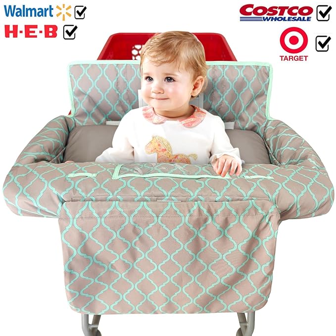 Soft Pillow Attached 2-in-1 Shopping Cart and High Chair Cover for Baby, Cotton Padded Cart Cover, Fold'n Roll Style, Portable with Carry Bag (Gray Grid)