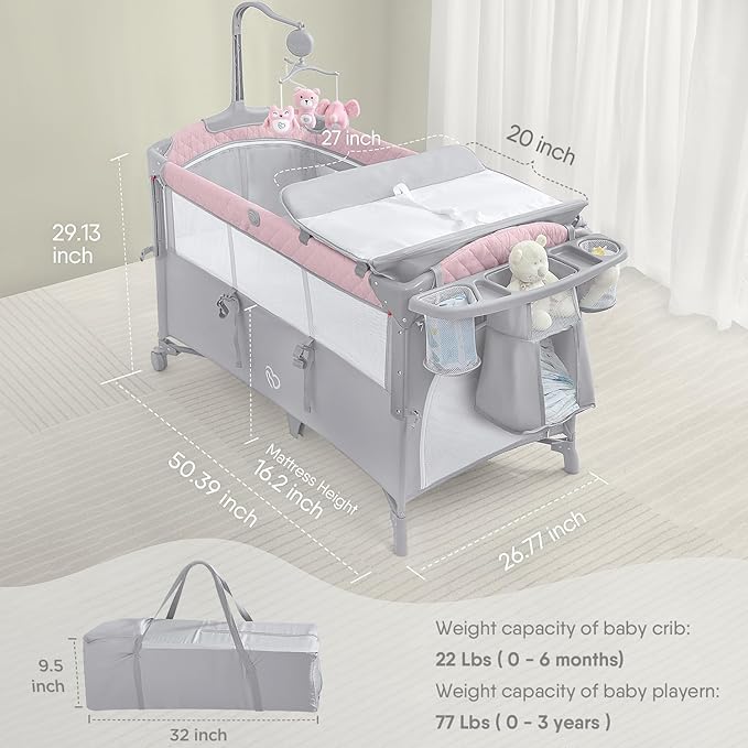 ADOVEL Baby Bassinet Bedside Crib, Pack and Play with Mattress, Diaper Changer and Playards from Newborn to Toddles, Pink