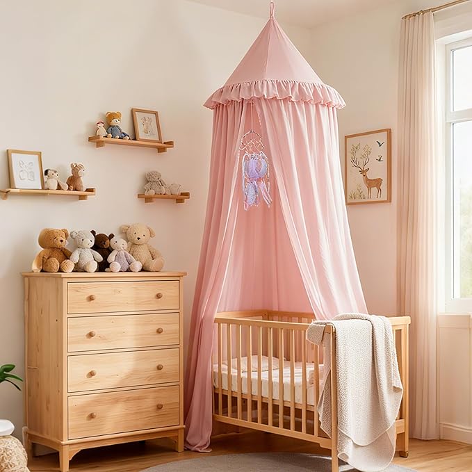 Akiky Kids Bed Canopy for Crib & Twin Size with Ruffles Dreamcatcher, Princess Girls Nursery Room Decor Toddler Baby Dome Round Hanging Tent Curtains Skirt Over Bed Reading Nook Play Tents Pink