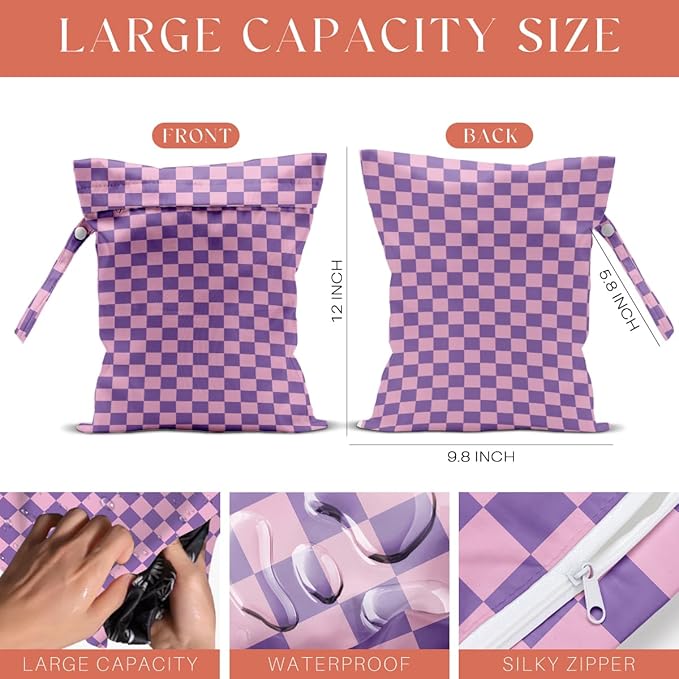 4 Pack Cute Wet Bag Waterproof Washable Reusable Wet Dry Bag for Swimsuit Dirty Clothes Diaper Travel Beach Pool Gym Birthday Bachelorette Party Camping Toiletries Beach Essentials，Colorful Checkered