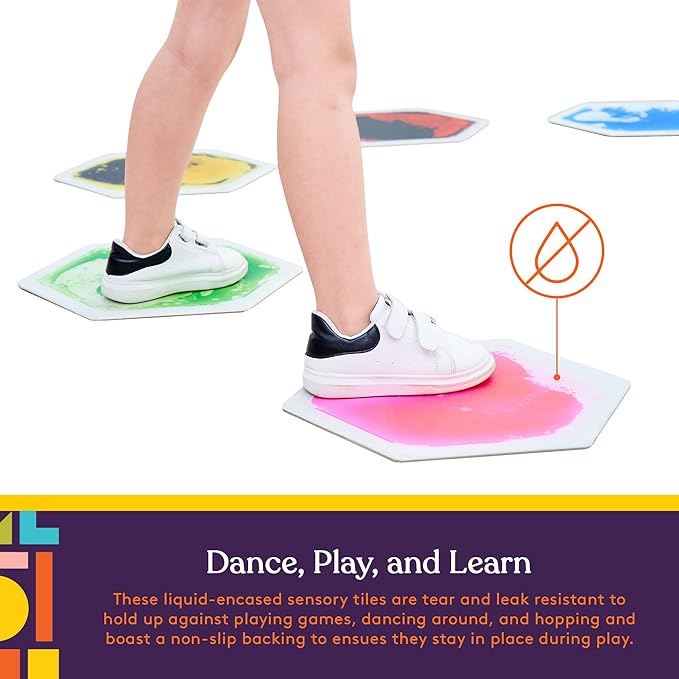 Special Supplies Hexagon Floor Liquid Tiles for Kids, Set of 9, Colorful Early Learning Activity Mats for Toddlers and Children, Anti-Slip Backing for Active Play, Dance, and Games