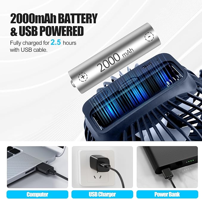 Portable Clip Fan Battery Operated,3 Speeds USB Rechargeable Mini Table Fan with Strong Airflow,360°Rotation Ultra Quiet Personal Desk Fan for Home Office Bedroom Dorm Stroller Camping - DeepBlue