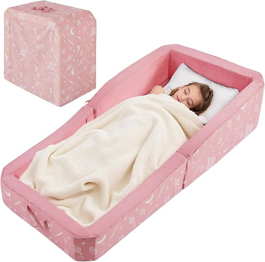 JOYWOO Toddler Floor Bed, Toddler Travel Bed, Foldable Portable Toddlers Beds for Home/Playing/Nap/Hotel, Kids Floor Crib with Washable Cloth Cover, Toddlers Cots for Kids Sleeping, Pink