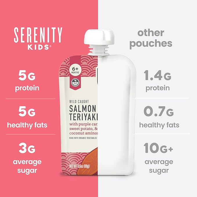 Serenity Kids 6+ Months Salmon Teriyaki Organic Baby Food Pouches - Ethically Sourced Salmon & Organic Veggies - No Added Sugar BPA-Free Baby Puree - 3.5 Oz, 12 Pack