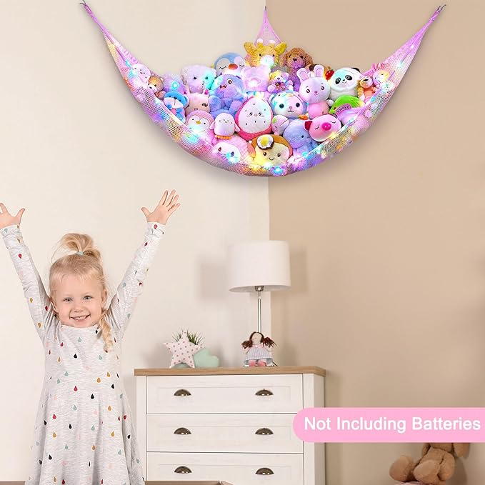Unicorn Castle Stuffed Animals Net or Hammock Kids Toy Storage Organizer with LED Light Hanging Corner Stuffed Animals Holder Kids Girls Room Decor (Pack of 1)